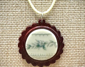 Rose Floral Broken China Necklace | Wood Bezel | Upcycled | Cottagecore | Jewelry Gift