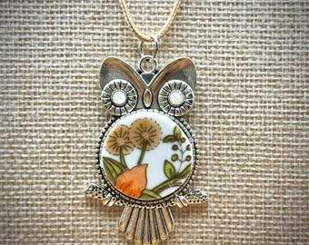 Owl Broken China Necklace | Corelle Indian Summer Pattern | Boho Inspired Style | Jewelry Gift