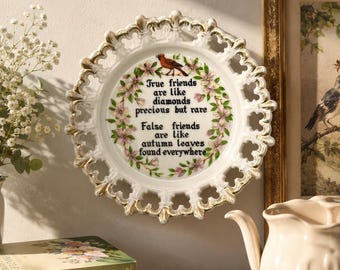 Vintage Lace Edge Friendship Plate | Cardinal Bird Floral Quote Decor