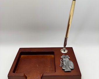 Vintage Golf Desk Organizer Wood Memo Pad Holder Pen Stand