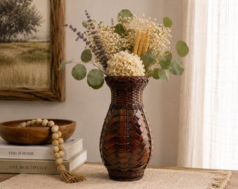 Rattan Wicker Vase with Ceramic Insert | Boho Rustic Decor | Farmhouse Cottage Style