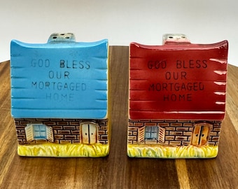 God Bless Our Mortgaged Home Salt & Pepper Shaker Set | Vintage Collectible