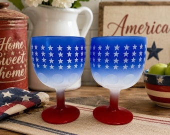Vintage Patriotic Frosted Goblets Set | Red White Blue Stemware, Americana Glasses