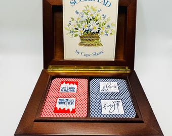 Vintage Wood Double Deck Box | Las Vegas New York Paris Casino Cards, Score Pad