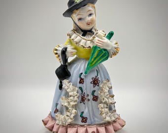 Vintage Ceramic Lady Figurine with Umbrella | Victorian Style Porcelain Shelf Decor | Cottagecore | Shabby Chic