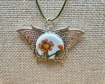 Corelle Indian Summer | Butterfly Broken China Necklace | Handmade Pendant | Boho Floral | Jewelry Gift