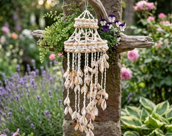 May include: A handcrafted seashell wind chime with a tiered design, suspended from a wooden branch. The chime features a cream-colored macrame frame and dangling shells. The background includes greenery and flowers, creating a natural, coastal aesthetic.