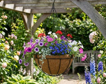 May include: A hanging basket filled with a variety of colorful flowers, including red, pink, purple, blue, and white blooms. The basket is suspended from a black chain and hook, set against a backdrop of a lush garden with a wooden pergola.