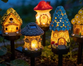 Lámpara solar de jardín con forma de casita de hadas, resistente al agua, con estaca, LED, para exteriores, camino, decoración de jardín y paisaje.