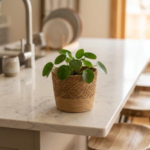 May include: A small green plant with round leaves in a woven basket pot. The pot is two-toned, with a lighter color at the bottom. The plant sits on a white countertop in a kitchen setting.