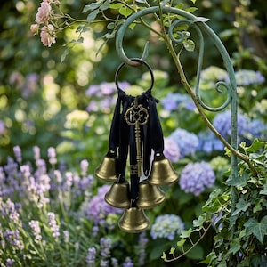 Peut inclure: Un carillon décoratif de jardin avec six petites cloches en laiton suspendues à un ruban noir. Une clé vintage est suspendue au centre. Les cloches sont suspendues à un crochet en métal vert dans un jardin.