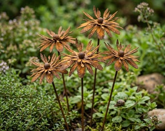 May include: Five rustic metal flower garden stakes with a weathered, orange-brown finish. Each flower has layered petals and a central, rounded detail. The stakes are set amidst green foliage and small rocks, creating a natural garden accent.