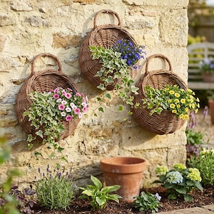Puede incluir: Tres cestas redondas colgantes de mimbre tejido llenas de flores coloridas y hiedra colgante están montadas en una pared de piedra. Las cestas tienen un asa en la parte superior. Una maceta de terracota y varias plantas están en primer plano.