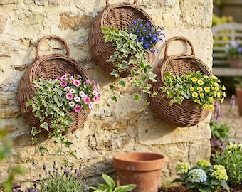 Cesta jardinera de pared de mimbre, soporte colgante de ratán para plantas, cesta rústica para macetas de pared, decoración de jardín interior y exterior, maceta de estilo bohemio campestre.