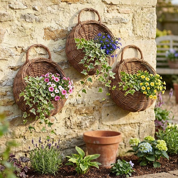 Weiden-Wand-Pflanzkorb, hängender Rattan-Pflanzenhalter, rustikaler Blumentopf-Wandkorb, Indoor-Outdoor-Gartendekor, Boho-Bauernhaus-Übertopf