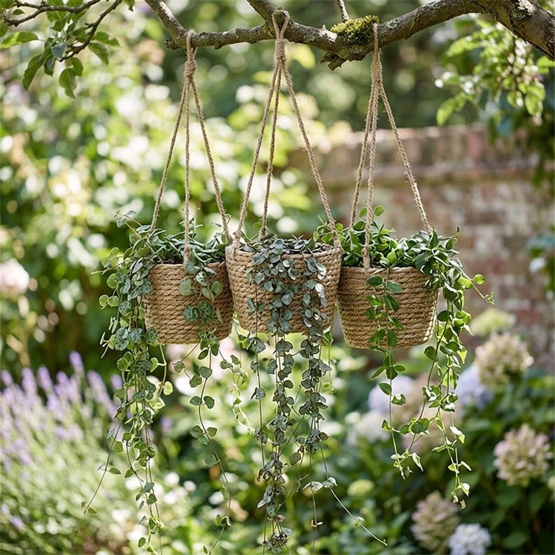 May include: Three hanging woven baskets filled with trailing green plants. The baskets are suspended from a tree branch by natural rope. The background features a blurred garden scene with greenery and flowers, creating a natural aesthetic.