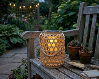 Farol solar de ratán, farol solar colgante para exteriores, farol de jardín estilo bohemio, luz blanca cálida para patio, lámpara colgante rústica para balcón.