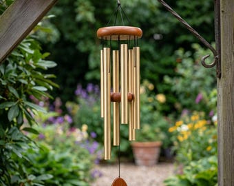 May include: A gold-colored wind chime with wooden accents hangs from a decorative metal hook. The chime features multiple cylindrical tubes suspended from a wooden top and a wooden clapper. The background shows a lush garden with green foliage and colorful flowers.