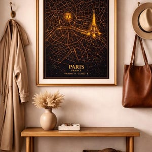 Paris Map Print Gold on Navy | Eiffel Tower Wall Art | Paris Coordinates Poster | Minimalist City Map | Travel Gift | Entryway Decor