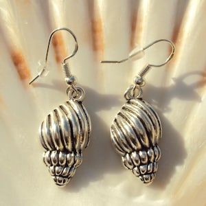 May include: A pair of silver seashell earrings. Each earring has a detailed, textured shell pendant hanging from a simple hook. The earrings are shown against a neutral, off-white background, emphasising their intricate design.