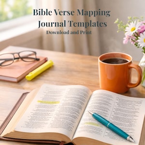 May include: An open book with highlighted text and a teal pen rests on a wooden table. An orange mug of coffee, a pair of glasses, a yellow highlighter, and a closed book are also on the table. The text reads "Bible Verse Mapping Journal Templates Download and Print."