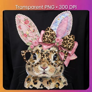 May include: A whimsical illustration of a bunny wearing heart-shaped glasses and a leopard print bow. The bunny has floral print ears and a pink bow. The image is set against a black background.
