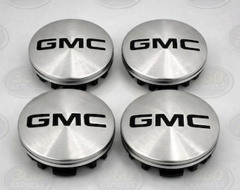 GMC Replacement Wheel Center Caps Brushed Aluminum Black Logo 83mm Set of 4