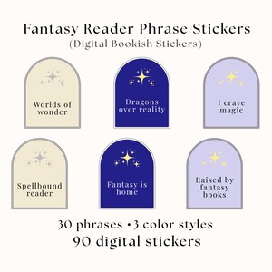 Könnte beinhalten: Digitale Aufkleber für Fantasy-Leser. Die Aufkleber zeigen Sätze wie "Welten des Wunders" und "Drachen über der Realität" in bogenförmigen Designs. Jeder Aufkleber hat einen farbigen Hintergrund mit einem Sternenmuster.