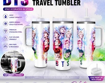 Custom BTS 40oz Tumbler with Handle and Straw,  Personalized Kpop Travel Mug, Stainless Steel Car Cup,  BTS Fan Gift for Women Men ARMY