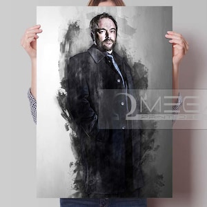 May include: A portrait print of a man in a dark coat and blue tie. The artwork has a painterly style with a grayscale colour palette. The print is held by a person, with the Omega Print Design logo visible.