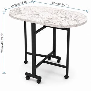 Modern Folding Dining Table with Marble Top & Wheels - Space Saving Kitchen Table - Drop Leaf Table for Small Spaces - Industrial Metal