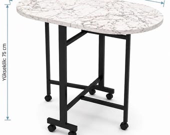 Mesa de comedor plegable moderna con tablero de mármol y ruedas - Mesa de cocina que ahorra espacio - Mesa abatible para espacios pequeños - Metal industrial
