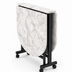 Modern Folding Dining Table with Marble Top & Wheels - Space Saving Kitchen Table - Drop Leaf Table for Small Spaces - Industrial Metal