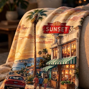 May include: A soft throw blanket featuring a printed illustration of a coastal street scene at sunset. The design includes a red car, three people walking, palm trees, and a building with a red sign that reads SUNSET above a green striped awning.