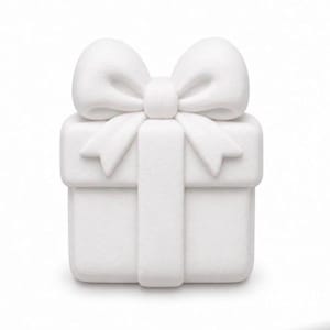 May include: A solid white, matte-finished decorative object shaped like a square gift box. The item features a prominent, sculpted bow on the top lid with two distinct loops and two hanging ribbon ends, all rendered in a uniform, smooth white material.
