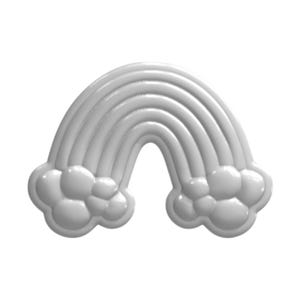 May include: A solid white, three-dimensional rainbow-shaped object with a smooth, glossy finish. The design features a series of four arched bands stacked vertically, terminating at both ends in a cluster of rounded, bubble-like cloud shapes.