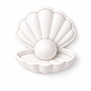 May include: A white ceramic seashell with a large pearl in the center. The shell is open, revealing the pearl. The design is smooth and glossy, with a minimalist aesthetic. The shell is a decorative item.
