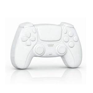 May include: A white video game controller with a symmetrical design. The controller features a directional pad, buttons, and analog sticks. The design is clean and modern, with a focus on functionality and ergonomics.