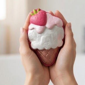 Puede incluir: Una bomba de baño con forma de fresa, con forma de cono de helado. La bomba de baño presenta una fresa rosa con hojas verdes, glaseado rosa y blanco y un cono de bronce metálico. La bomba de baño se sostiene con dos manos.