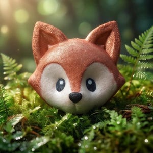 May include: A whimsical, orange-brown fox head with white accents and large, dark blue eyes. The fox is set against a backdrop of green moss and ferns, creating a natural, woodland theme.