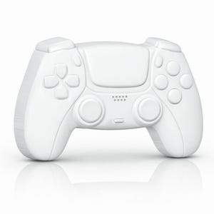 May include: A white games controller with a symmetrical design. The controller has a directional pad, buttons, analogue sticks, and a central touchpad. The overall shape is ergonomic, with rounded edges and a smooth surface.