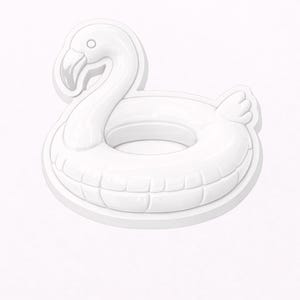 May include: A white, three-dimensional flamingo-shaped pool float. The float has a ring shape with a detailed design, including the flamingo's head, neck, and tail feathers. The design is smooth and glossy, with a clean, modern aesthetic.