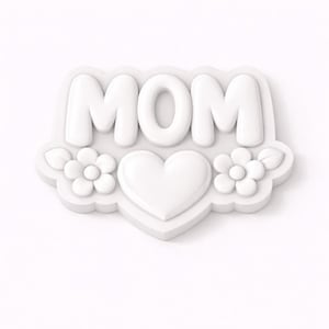 May include: A white decorative piece spelling out "MOM" in bold, rounded letters. Beneath the letters is a heart shape, with two flower designs on either side. The design has a 3D effect and a smooth, glossy finish.