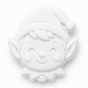 May include: A white, matte-finish cookie cutter shaped like an elf head. The design features a pointed hat with a pom-pom, large pointed ears, rosy cheeks, a small nose, and a smiling mouth. The outline is clearly defined with a raised edge.