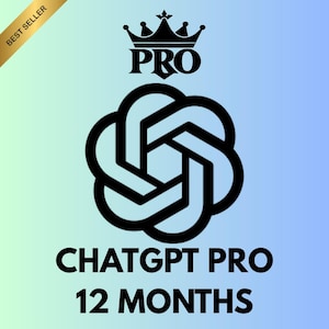 Op de afbeelding: Een digitale afbeelding met een blauw-groene gradiënt achtergrond. De afbeelding bevat de tekst "ChatGPT PRO 12 MAANDEN" in vette zwarte letters. Boven het woord "PRO" staat een zwarte kroon. Een "Best Seller" banner staat linksboven.