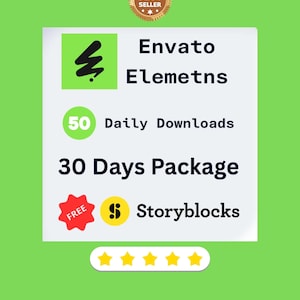 May include: A green background with a white rectangle containing text and graphics. The text includes "Envato Elements", "50 Daily Downloads", and "30 Days Package". A "Best Seller" badge and a "Free" badge are also present.