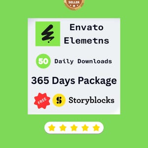 May include: A green graphic with the text "Envato Elements" and "50 Daily Downloads" in white. The image also includes a "365 Days Package" and "Storyblocks" logo. A "Best Seller" badge and five gold stars are also present.
