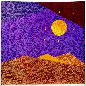 May include: Abstract geometric art print featuring a night scene. The artwork showcases a purple sky with a yellow moon and stars, above orange and brown hills. The textures are created with a diamond pattern.