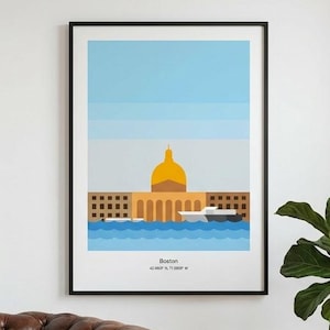 Pode incluir: Uma impressão emoldurada do State House de Boston, com uma cúpula amarela e céu azul. A impressão está pendurada acima de uma poltrona de couro marrom com um cobertor. Uma planta em vaso está à direita.