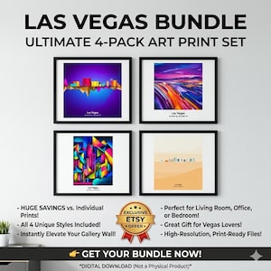 Op de afbeelding: Een set van vier ingelijste kunstprints met Las Vegas-thema's. De prints tonen kleurrijke stadsgezichten en abstracte kunst, met de tekst "LAS VEGAS BUNDLE" bovenaan. De set bevat digitale, hoge resolutie, printklare bestanden.